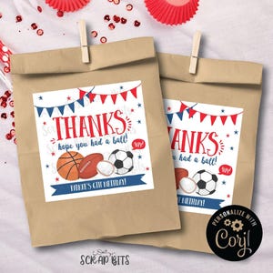 Etichette per feste sportive modificabili, Etichette di compleanno "Spero ti sia divertito/a", Etichette di ringraziamento sportive stampabili, Etichette personalizzate per bomboniere di compleanno a tema sportivo immagine 1