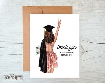 Graduation Thank You Card, Personalized Graduation Girl Card . Graduation Note Card . Single or Set of 10