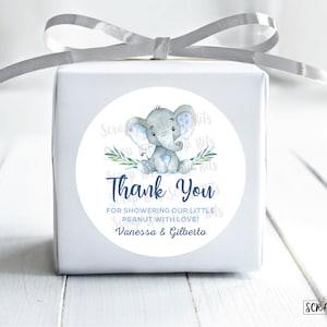 Adesivi per baby shower a forma di elefante con acquerello, etichette di ringraziamento per bambina con orecchie blu, adesivi o etichette per bomboniere personalizzate, stampate e spedite