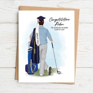 May include: A graduation card featuring a person in a light blue shirt, gray pants, and a graduation cap, holding a golf club. The card includes the text "Congratulations Aiden" and "The Scholar's Academy Class of 2026."