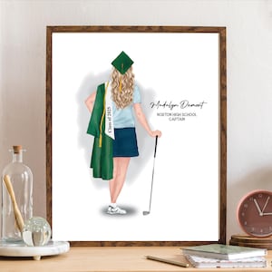 Impresión de retrato de graduación de golf, regalo personalizado de graduación de golfista femenina para personas mayores, hijas, amigas o sobrinas. Descarga digital imprimible.