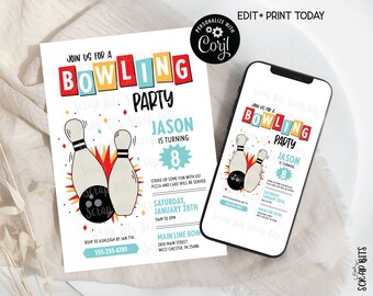 May include: A printable invitation for a bowling party. The invitation features a colorful bowling pin design with the text "Join us for a Bowling Party" and "Jason is turning 8".