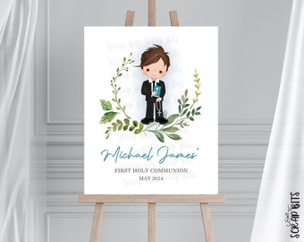 Boy First Communion Print, Watercolor Greenery Communion Party Sign . Personalized Printable Digital Download