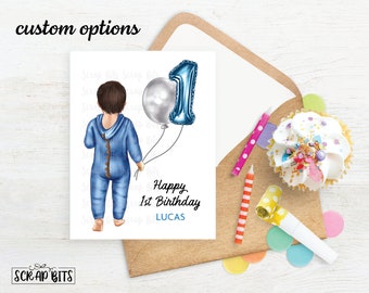 1st Birthday Card, Pajama Baby Boy. Personalized First Birthday Card, 1st, 2nd or 3rd Birthday Girl Card, Pajama Boy With Balloons