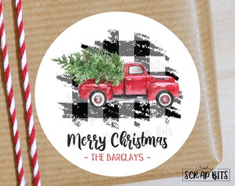 Christmas Stickers . Red Truck on Buffalo Plaid . Personalized Gift Labels or Tags . 3 Sizes