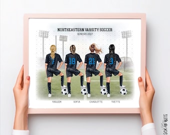 Female Soccer Team Portrait Print, Custom Digital Drawing, Personalized Keepsake Gift