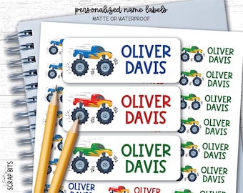 Monster Truck Name Labels, Personalized Waterproof Kids Name Stickers for School, Daycare & Preschool, Custom Belonging Labels