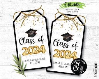 EDITABLE Graduation Tags, Class of 2024 Tags, Gold Foil Balloons & Confetti, Printable Grad Party Favor Tags, Graduation Treat Bag Tags