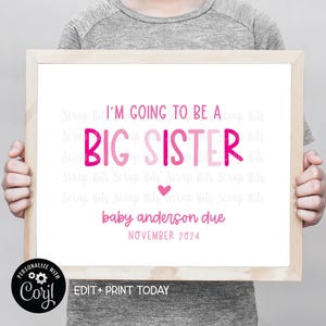 Letrero editable para hermana mayor, letrero personalizado para anunciar el embarazo, corazón pequeño con letra fina, póster imprimible para fotos.