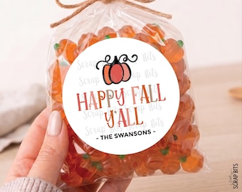 Fall Favor Labels, Happy Fall Y'All Doodle Pumpkin, Personalized Treat Bag Stickers or Tags, Custom Party Favor Decor