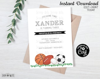 Invito di compleanno sportivo stampabile, palloni sportivi minimalisti, basket, baseball, football americano, calcio, modello digitale, modificabile con Corjl