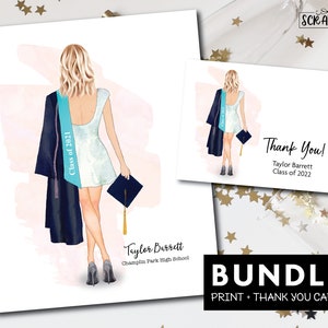 Impresión de retrato de graduación femenina y tarjeta de agradecimiento, regalo personalizado para fiesta de graduación, hermana, hija, amiga, descarga digital personalizada