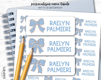 Blue Bow Polka Dot Coquette Name Labels, Personalized Waterproof Kids Name Stickers for School, Daycare & Preschool, Custom Belonging Labels