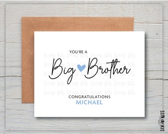 You're A Big Brother Card, Small Heart Cursive, Personalized Congratulations Card