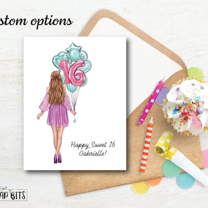 Personalized Birthday Card, Sweet 16 Birthday Card, Balloon Bunch, Custom Girl Birthday Card, Sweet Sixteen Card . Printed or Digital image 2