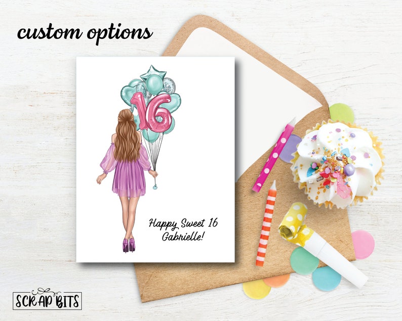 Personalized Birthday Card, Sweet 16 Birthday Card, Balloon Bunch, Custom Girl Birthday Card, Sweet Sixteen Card . Printed or Digital image 2