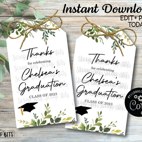 EDITABLE Graduation Tags, Watercolor Greenery, Graduation Greenery Tags, Grad Party Favor Tags, Printable Graduation Treat Bag Tags