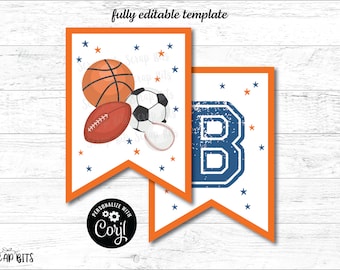 EDITABLE Sports Party Banner, Printable Sports Bunting Banner, Sports Birthday Banner, Baby Shower Bunting, Blue & Orange Editable Template