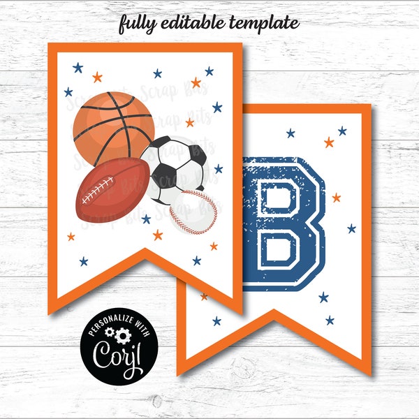 EDITABLE Sports Party Banner, Printable Sports Bunting Banner, Sports Birthday Banner, Baby Shower Bunting, Blue & Orange Editable Template