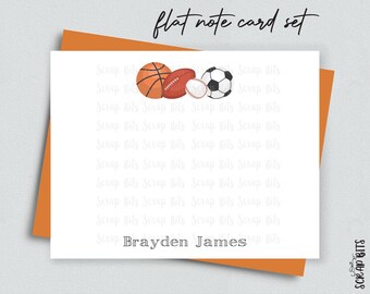 Sports Note Card Set, Sports Balls Thank You Cards, Personalized Flat Note Cards, Stationery Set