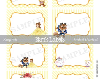 Printable Princess Food Labels, Belle, Beast + Friends, Flat Blank Favor Tags, Party Decor, Place Cards, Instant Download