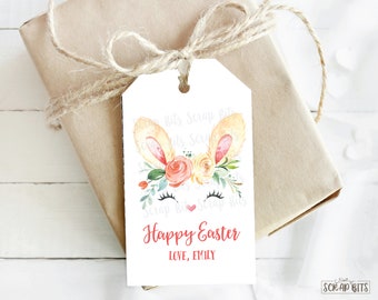 Easter Gift Tags, Watercolor Easter Bunny Ears, Winking Bunny Printed Personalized Easter Tags, Qty 10