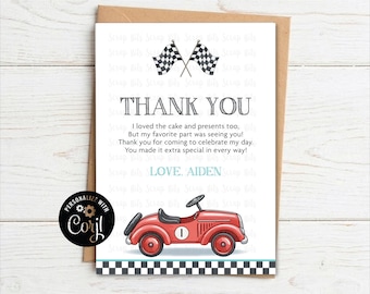 Editable Racing Birthday Thank You Card, Classic Red Race Car, Printable Digital Template