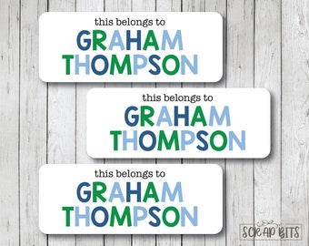 Personalized Name Labels, Boy Belonging Labels for School Supplies, Daycare, Books, Folders, This Belongs To Blue Green, Waterproof or Matte