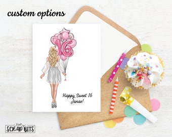 Personalized Birthday Card, Sweet 16 Birthday Card, Balloon Bunch, Custom Girl Birthday Card, Sweet Sixteen Card . Printed or Digital