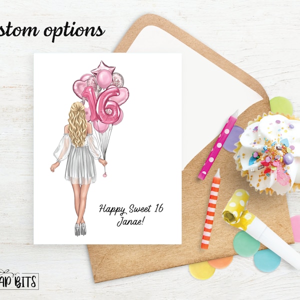 Personalized Birthday Card, Sweet 16 Birthday Card, Balloon Bunch, Custom Girl Birthday Card, Sweet Sixteen Card . Printed or Digital