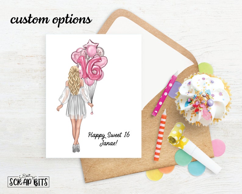 Personalized Birthday Card, Sweet 16 Birthday Card, Balloon Bunch, Custom Girl Birthday Card, Sweet Sixteen Card . Printed or Digital image 1