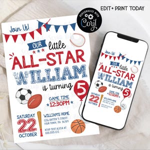 EDITABLE Sports Birthday Invitation, Our Little All Star, Red & Blue, Printable Sports Party Invite, Soccer, Football, Basketball, Baseball
