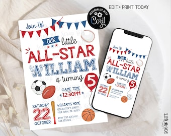Invitación de cumpleaños deportiva editable, Nuestra pequeña estrella, Rojo y azul, Invitación imprimible para fiesta deportiva, Fútbol, Baloncesto, Béisbol