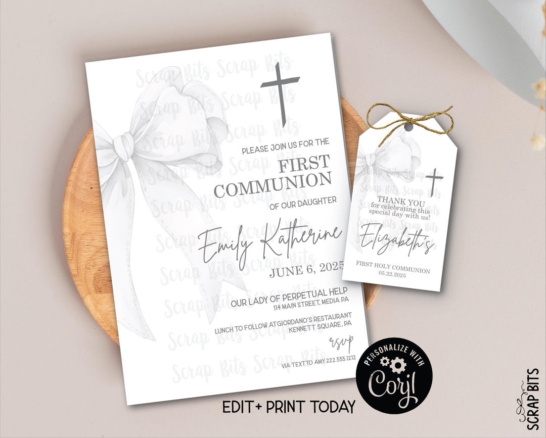 Printable White Bow First Communion Invitation & Party Favor Tag Set ...