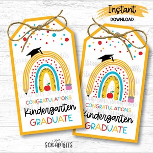 Étiquettes de remise des diplômes de la maternelle au crayon, diplômé arc-en-ciel, étiquettes de sac à collation du dernier jour d'école, imprimables étiquettes de régal pour la classe, téléchargement immédiat