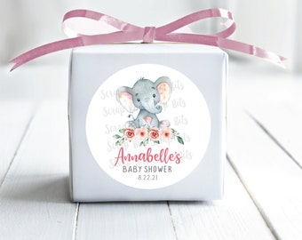 Watercolor Elephant Baby Shower Stickers . Baby Girl Elephant with Flowers . Personalized Favor Stickers or Tags . 3 Sizes