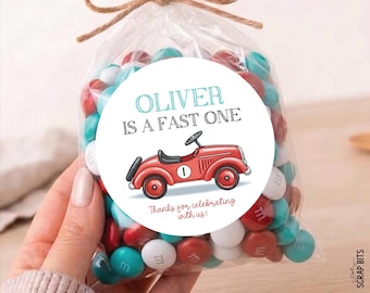 Personalized Racing 1st Birthday Favor Labels, Fast One Classic Red Race Car, Stickers or Tags