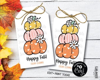 EDITABLE Fall Favor Tags, Cute Groovy Stacked Pumpkins, Personalized Printable Gift Tags for Autumn Parties, Treat Bags, Thank You Tags