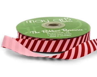 Pink & Red Modern Diagonal Stripe Grosgrain Ribbon. 5 yards (15 feet) . 5/8" inch