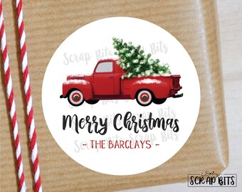Christmas Gift Stickers, Red Christmas Truck, Personalized Printed Labels or Tags for Holiday Gift Wrapping, Treat Bags