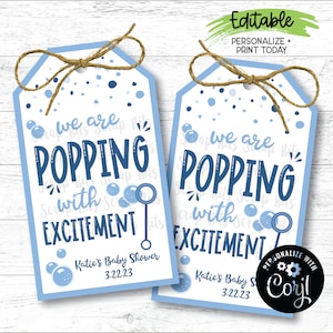 Etiquetas de burbujas para baby shower editables, estallido de emoción en azul, etiquetas imprimibles para obsequios de baby shower, etiquetas de burbujas que explotan