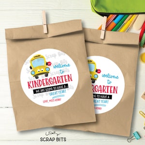 School Bus Welcome To Kindergarten Stickers, Personalized Back To School Labels for Goodie Bags for Students, Teacher Gift Tags, Kraft Bags