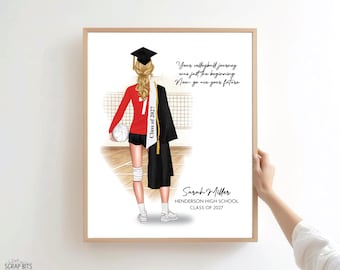 Volleyball Graduation Portrait Print, Custom Digital Drawing, Personalized Senior Keepsake Gift