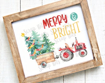 Christmas Farm Tractor Print, Merry & Bright Christmas Print, Printable Christmas Wall Art, Christmas Decor . 5 Digital Print Sizes