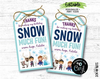 EDITABLE Frozen Birthday Tags, Thanks For Making My Birthday Snow Much Fun Tags, Printable Frozen Birthday Gift Tags
