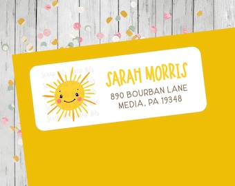 Etiquetas de dirección con sol sonriente. Etiquetas de remitente personalizadas con sol sonriente.