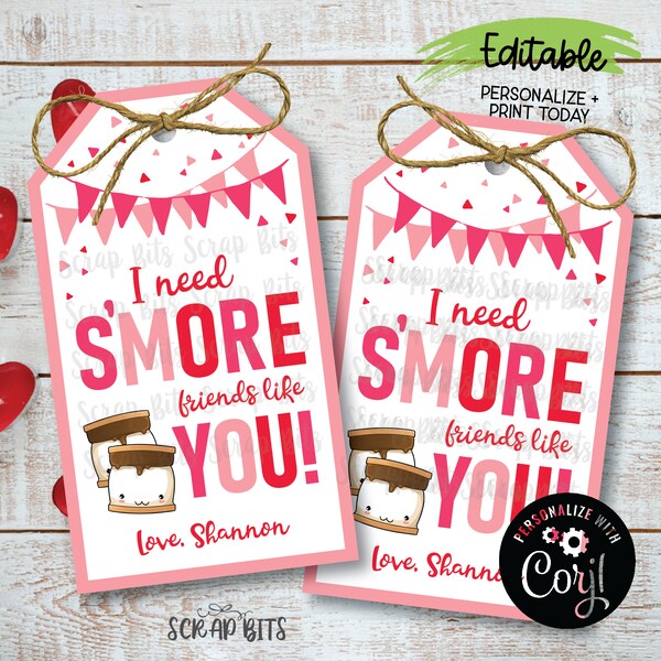 EDITABLE Valentine's Day Tags, Valentine Smores Tags, I Need S'more Friends Like You Tags, Printable S'more Valentine Tags