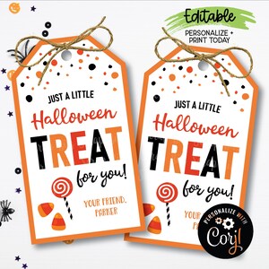 EDITABLE Halloween Tags, Just A Little Halloween Treat for You Tags, Candy Corn & Lollipop Printable Treat Bag Tags, Halloween Editable Tags