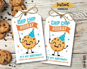 Birthday Chip Chip Hooray Tags, Chocolate Chip Cookie Tags, Printable Cookie Tag, Blue Birthday Cookie Favor Tags, Instant Download