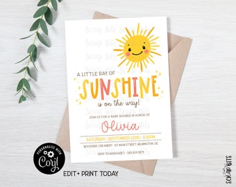 A Little Ray of Sunshine Is On The Way, Sunshine Baby Shower Invitation, Sun Baby Shower Invite, DIY Editable Template, Printable Invitation